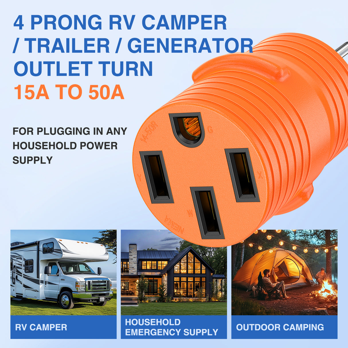 15Amp to 50Amp RV Power Adapter 125 Volt Heavy Duty RV Plug 5-15P to 14-50R 15A Male to 50A Female Receptacle for RV/EV Camper Caravan Trailer Generator