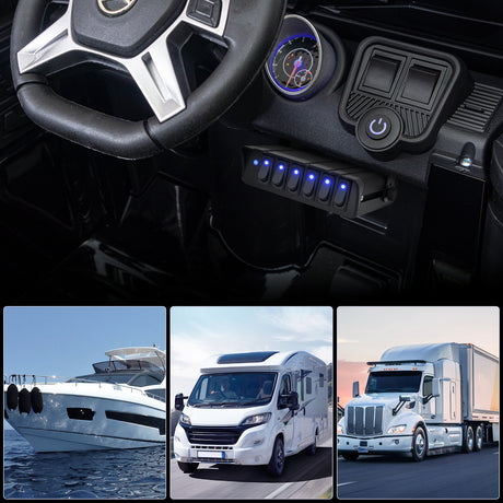 Rocker Switch 6 Gang Rocker Switch Box Waterproof SPST Toggle Panel Blue LED 12V 24V 20A 60Amp Max for Automotive Cars Vehicles Boats RVs Campers SUVs