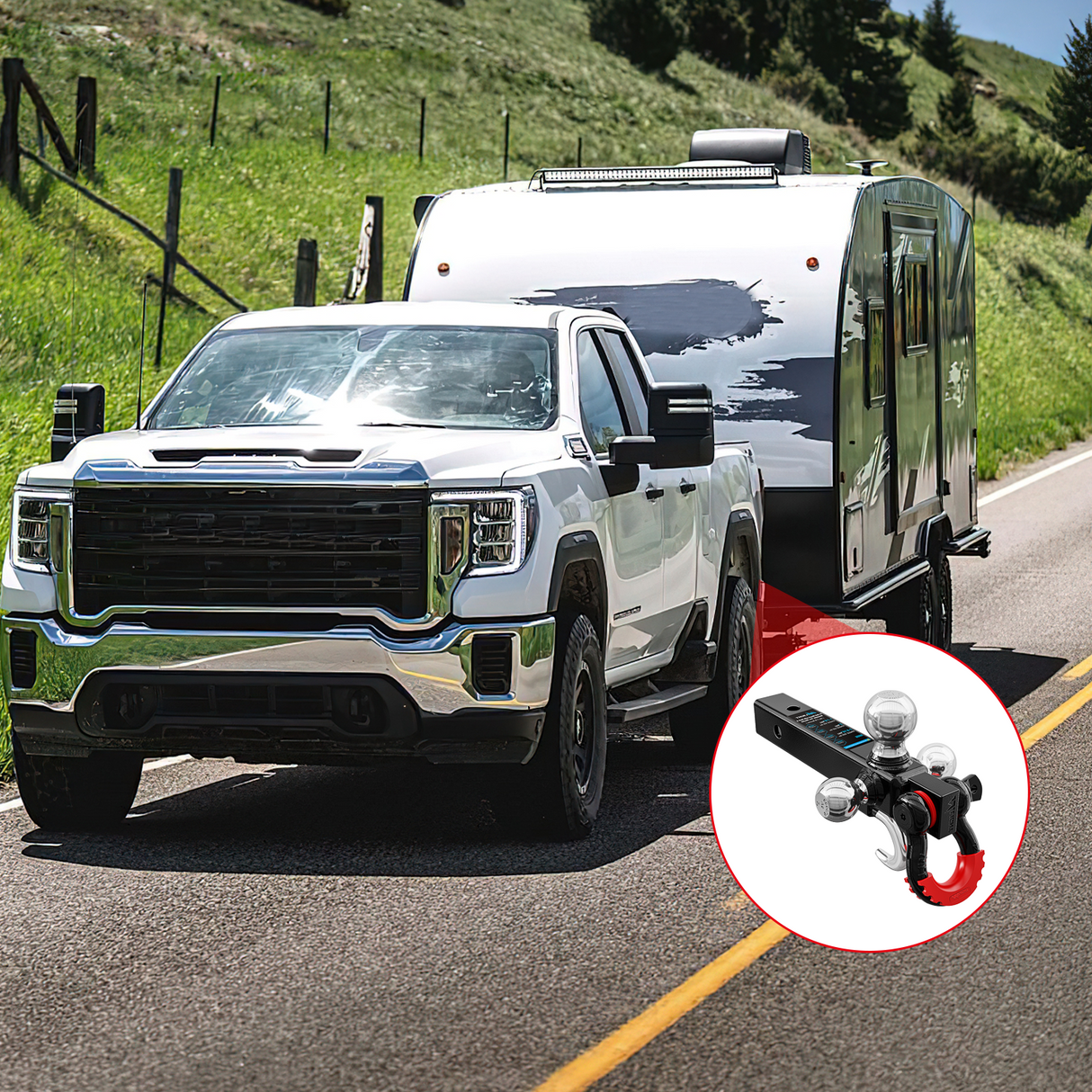 Trailer Hitch Tri-Ball Mount with Hook and Rotatable Tow Anti-Theft 3/4Inch Shackle Fits for 2inch Receiver Ball Size 1-7/8Inch 2Inch 2-5/16Inch GTW from 5000lbs to 10000lbs for RV SUV ATV Truck