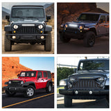Front Bumper Front Bumper Grill Cover for 2007 2008 2009 2010 2011 2012 2013 2014 2015 2016 2017 2018 Wrangler JK/JKU Rubicon, & Sahara Sport with LED Work Light Pods Matte Black