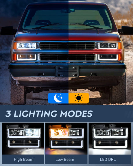 Nilight 1988 1989 1990 1991 1992 1993 1994 1995 1996 1997 Chevrolet GMC C10 C/K 1988-1999 Silverado Suburban Sierra Blazer Tahoe Yukon DRL Headlight Assembly Black Housing