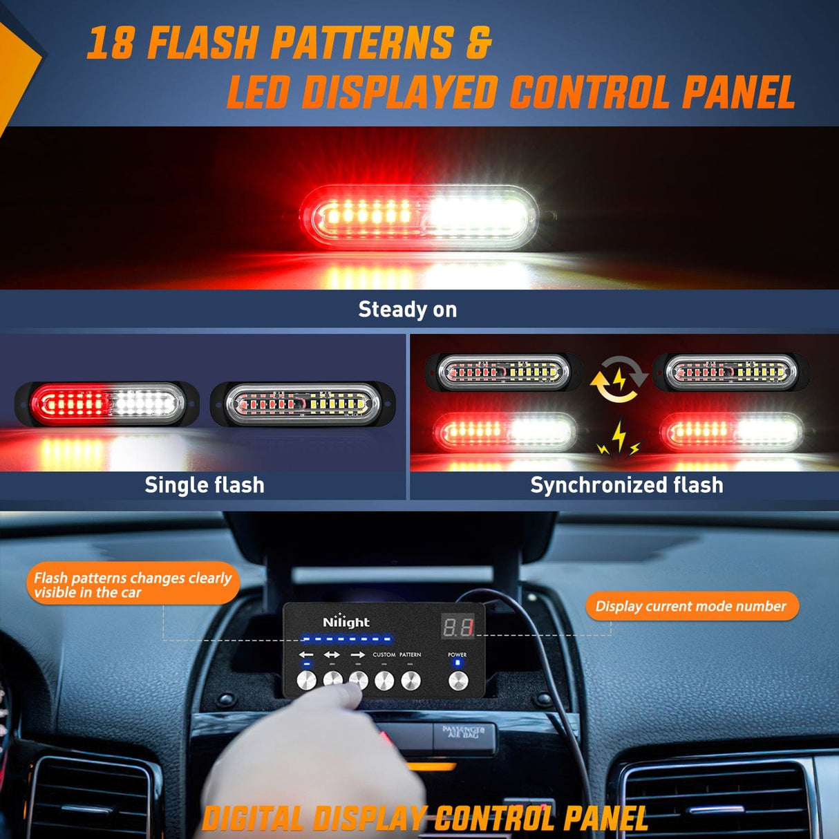 Nilight 8PCS Led Strobe Lights with Controller 12V 24V Sync Feature Red White Strobe Light 12 LED Surface Mount Emergency Hazard Warning Lights with Strobe Controller for Vehicle Car Truck RV ATV