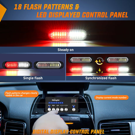 Nilight 8PCS Led Strobe Lights with Controller 12V 24V Sync Feature Red White Strobe Light 12 LED Surface Mount Emergency Hazard Warning Lights with Strobe Controller for Vehicle Car Truck RV ATV