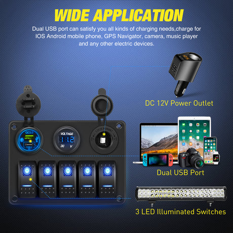 Nilight 5 Gang Rocker Switch Panel Pre-Wired Aluminum with PD Type C and USB Cigarette Lighter Socket Voltmeter 12V 24V ON Off Toggle Switches for Car Trucks Boats RVs