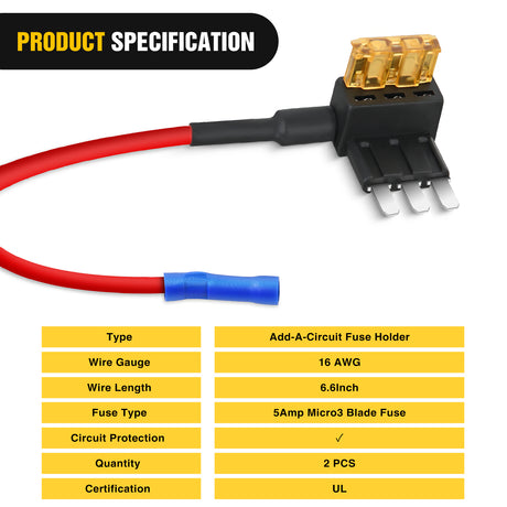 Nilight 2 Pack Micro 3 Fuse Tap Add-a-Circuit Blade Style Expandable Circuit Tap Adapter Powers 12 Volt Underbody Underglow Interior Lights & Accessories 3Pcs 5A Fuses Included
