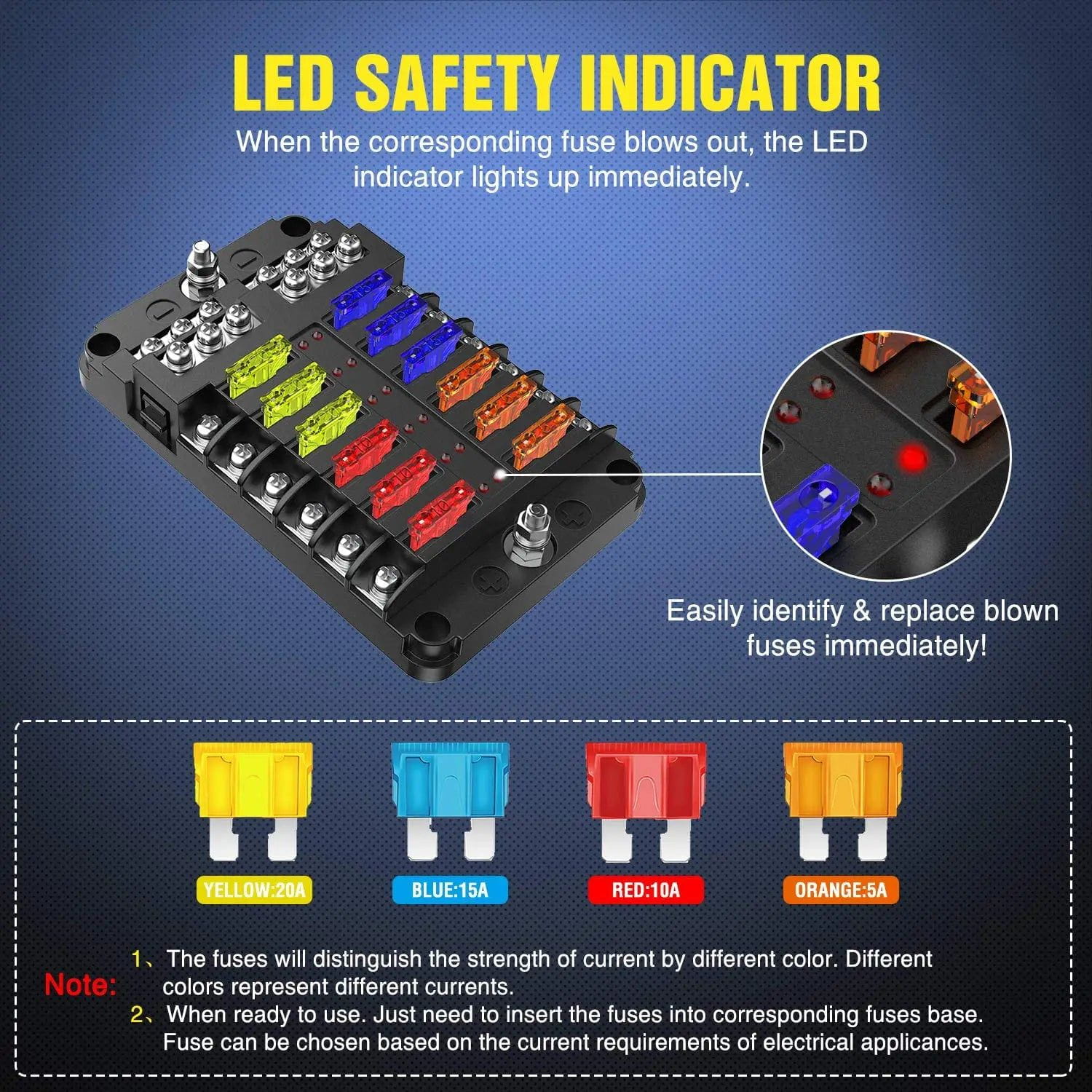 fuse 12 Way Blade Fuse Block 12 Circuits with Negative Bus Fuse Box Holder & LED Indicator ATO/ATC Fuse Panel Waterproof Cover