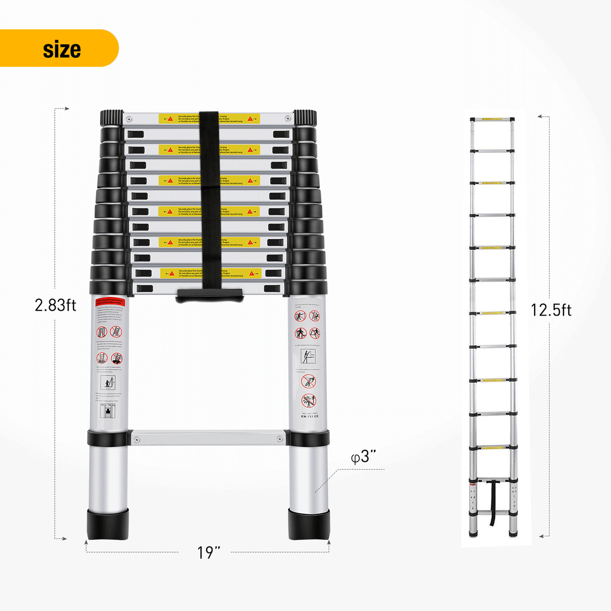 12.5ft Telescoping Ladder Aluminum Telescopic Extension Multi Purpose Ladders EN131 Certified - Extendable with Spring Load Locking Mechanism Non-Slip - 330 lb Max Capacity, Silver/Black (25% OFF Final Checkout)