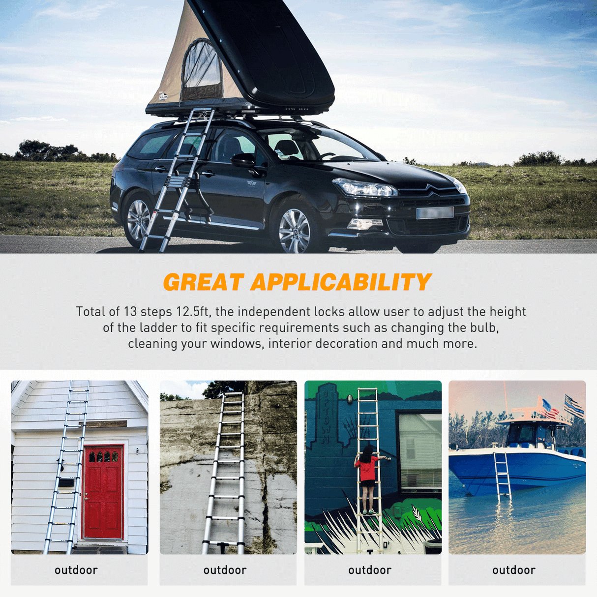 12.5ft Telescoping Ladder Aluminum Telescopic Extension Multi Purpose Ladders EN131 Certified - Extendable with Spring Load Locking Mechanism Non-Slip - 330 lb Max Capacity, Silver/Black (25% OFF Final Checkout)