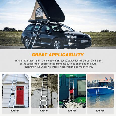12.5ft Telescoping Ladder Aluminum Telescopic Extension Multi Purpose Ladders EN131 Certified - Extendable with Spring Load Locking Mechanism Non-Slip - 330 lb Max Capacity, Silver/Black (25% OFF Final Checkout)