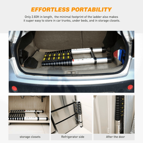 12.5ft Telescoping Ladder Aluminum Telescopic Extension Multi Purpose Ladders EN131 Certified - Extendable with Spring Load Locking Mechanism Non-Slip - 330 lb Max Capacity, Silver/Black (25% OFF Final Checkout)