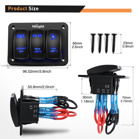 switch panel 3Gang Led Light Bar/Rear Lights/Rock Lights 5Pin ON/Off Rocker Switch Panel Blue