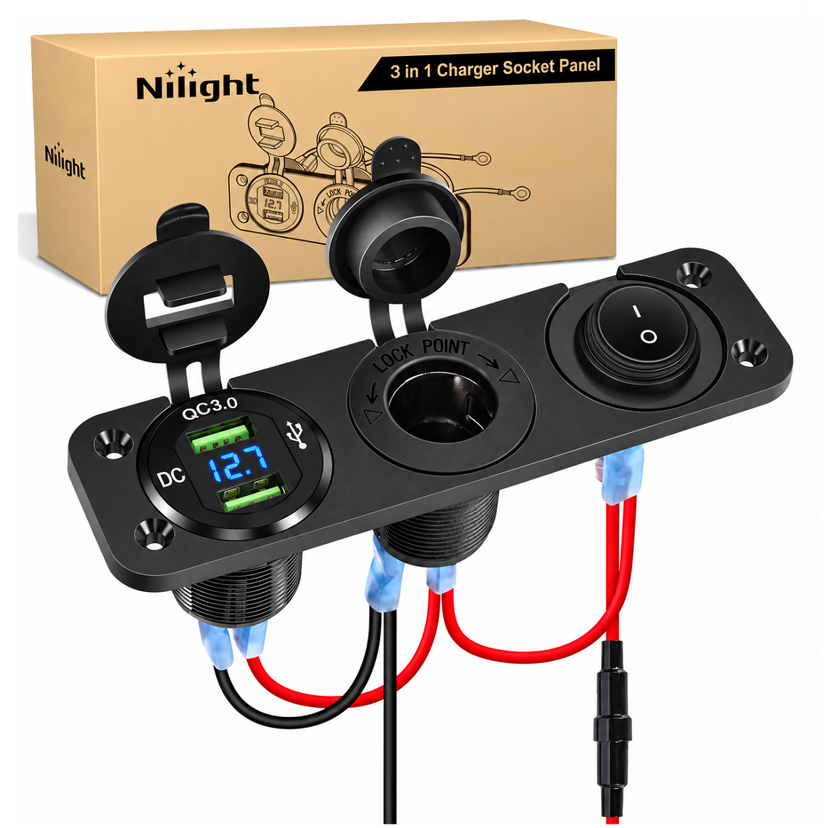 4 in 1 ON/OFF Blue Charger Socket Panel w/ Dual QC 3.0 USB Voltmeter Cigarette