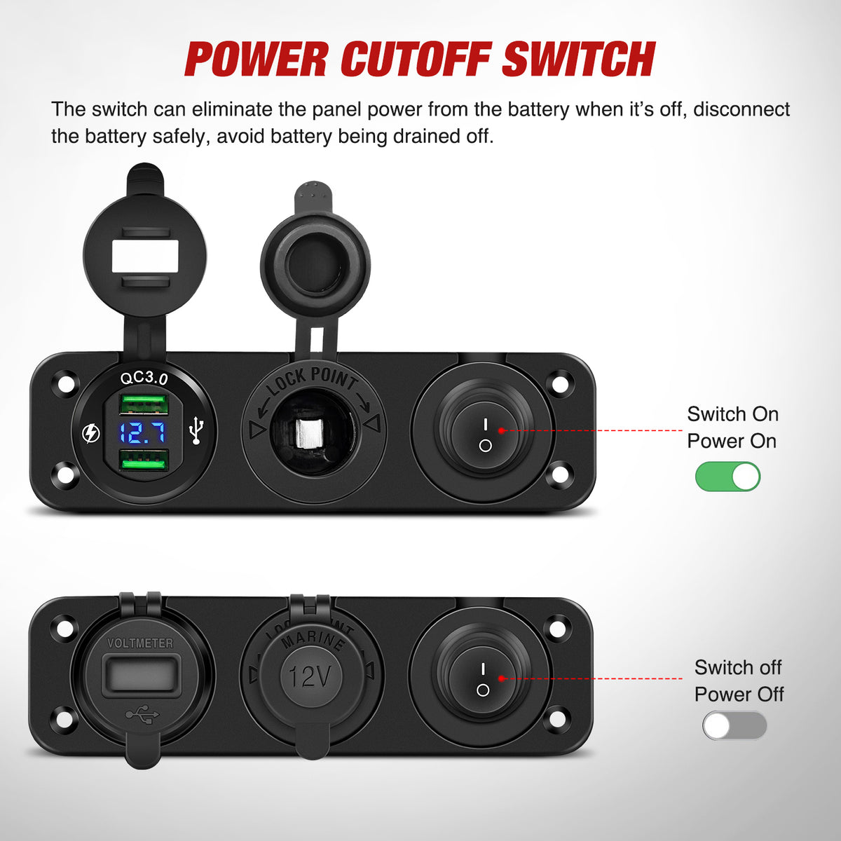 4 in 1 ON/OFF Blue Charger Socket Panel w/ Dual QC 3.0 USB Voltmeter Cigarette