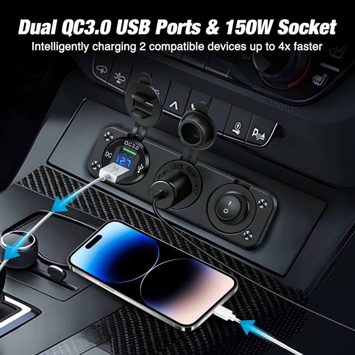 4 in 1 ON/OFF Blue Charger Socket Panel w/ Dual QC 3.0 USB Voltmeter Cigarette