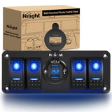 4Gang Aluminum 5Pin ON/Off Blue Rocker Switch Panel w/ QC 3.0 Dual USB Charger Voltmeter
