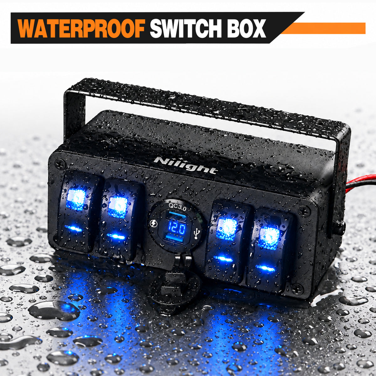 4Gang Aluminum ON/Off Blue Rocker Switch Box w/ QC 3.0 Dual USB Charger Voltmeter