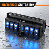 6Gang Aluminum ON/Off Rocker Switch Box w/ QC 3.0 Dual USB Charger Voltmeter