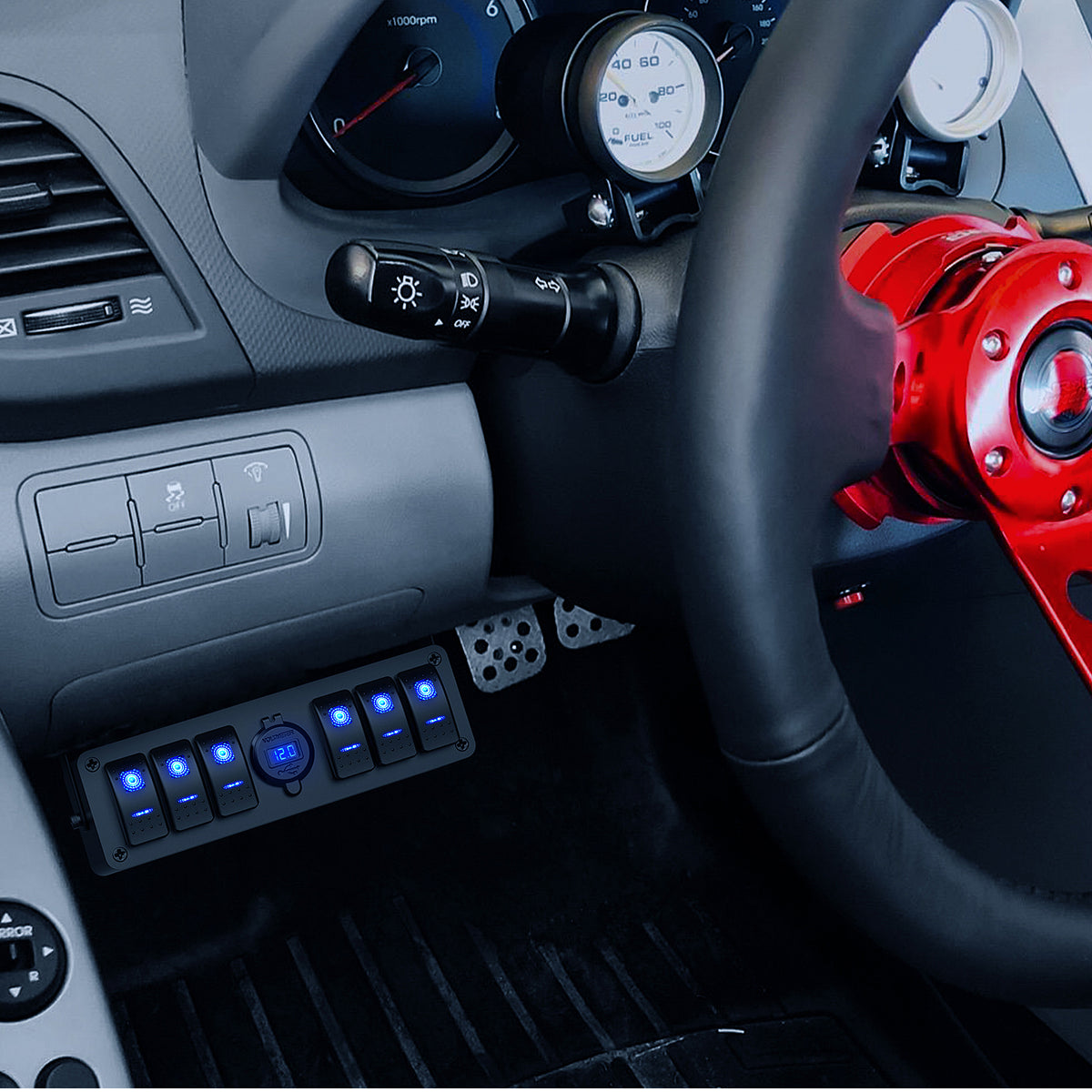 6Gang Aluminum ON/Off Rocker Switch Box w/ QC 3.0 Dual USB Charger Voltmeter