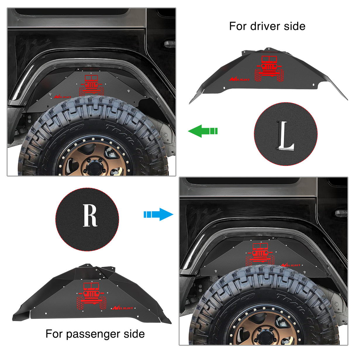 2007 2008 2009 2010 2011 2012 2013 2014 2015 2016 2017 2018 Jeep Wrangler JK JKU 4WD Rear Inner Fender Liners Wheel Cover