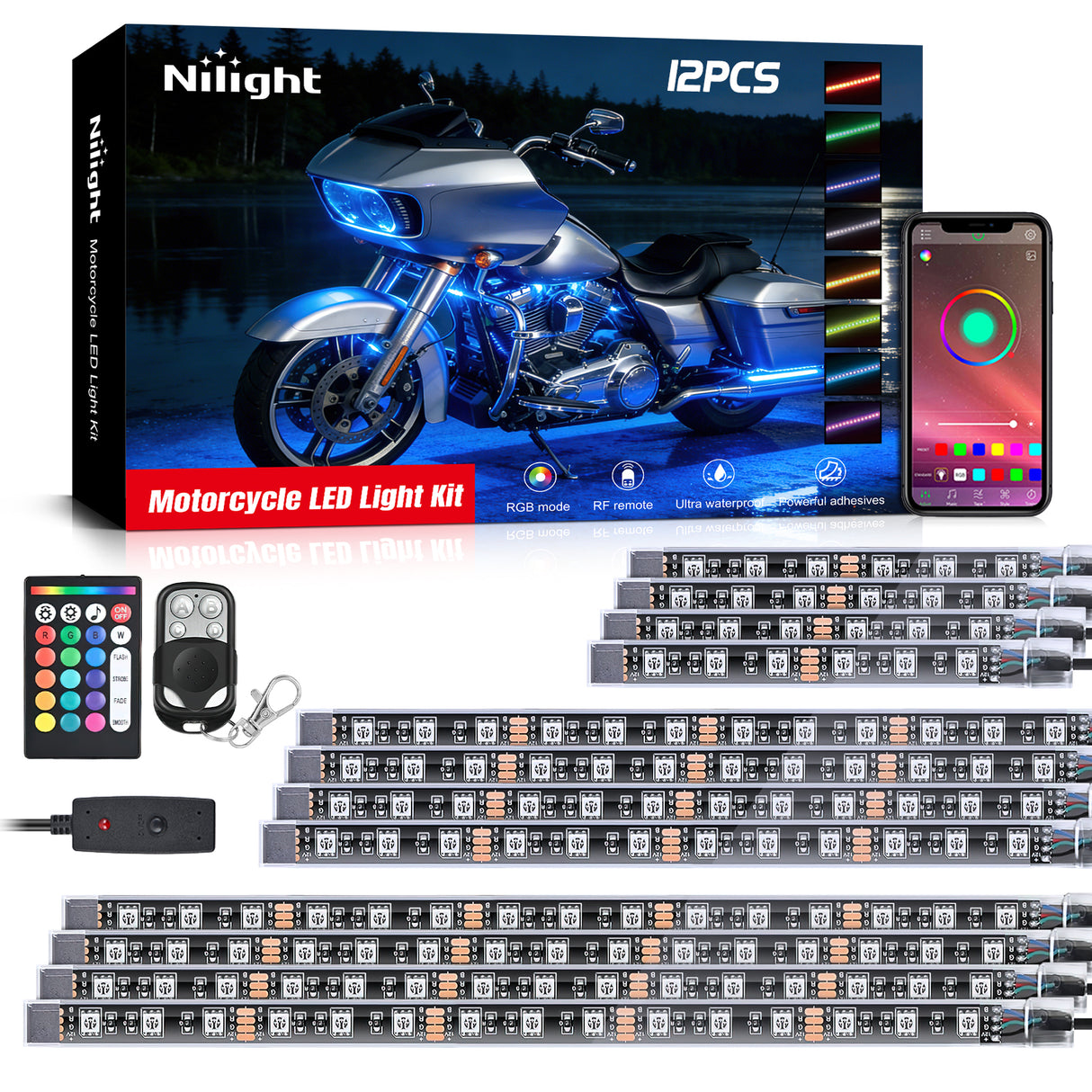 Led Light Strip Motorcycle RGB APP Remote Control LED Strip Lights 12PCS