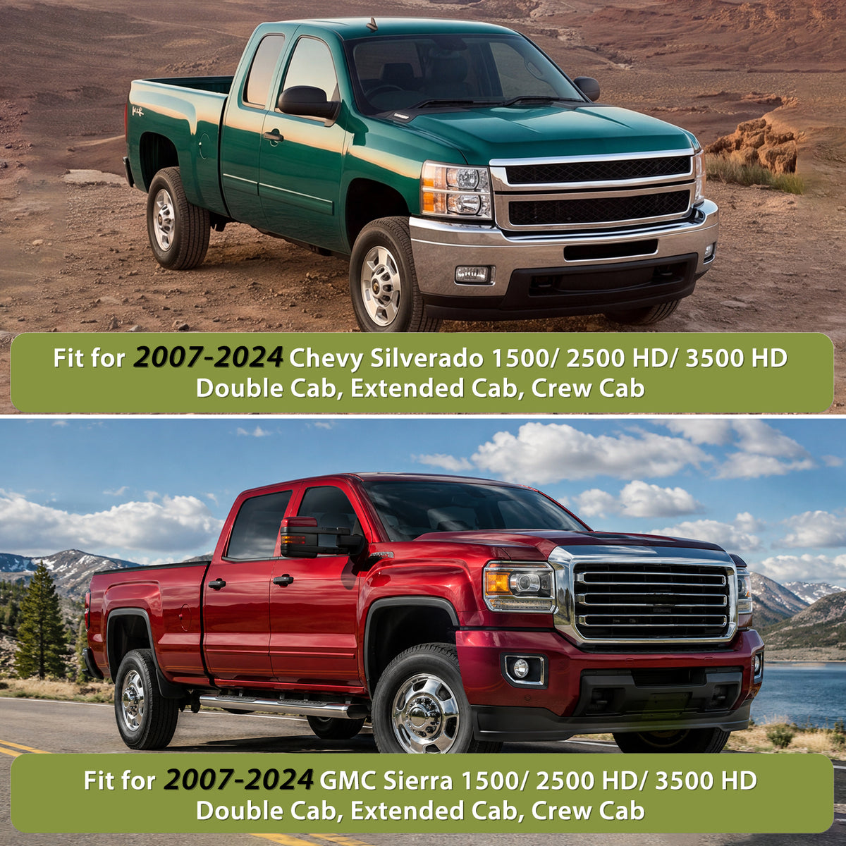 2007 2008 2009 2010 2011 2012 2013 2014 2015 2016 2017 2018 2019 2020 2021 2022 2023 2024 Chevy Silverado GMC Sierra 1500 2500HD 3500HD Double Cab Extended Cab Crew Cab Seat Covers