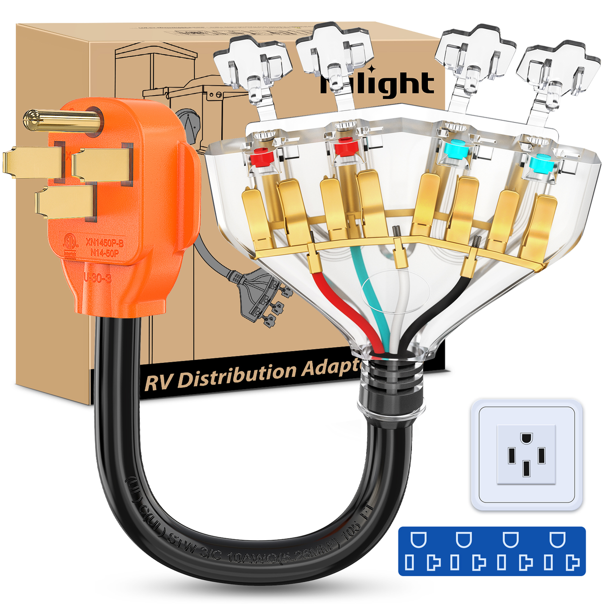 50 Amp to 110V RV Adapter Cord 50 Amp to 20A RV Distribution Adapter Cord 4 Prong 14-50P Male to 4X 5-15R/5-20R Female ETL Listed for RV Camper Generator Household Outlet