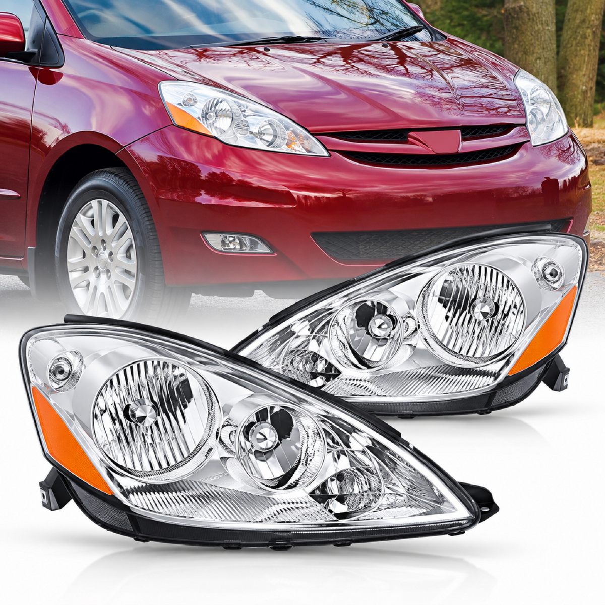 2006 2007 2008 2009 2010 Toyota Sienna Headlight Assembly Chrome Housing Amber Reflector Clear Lens