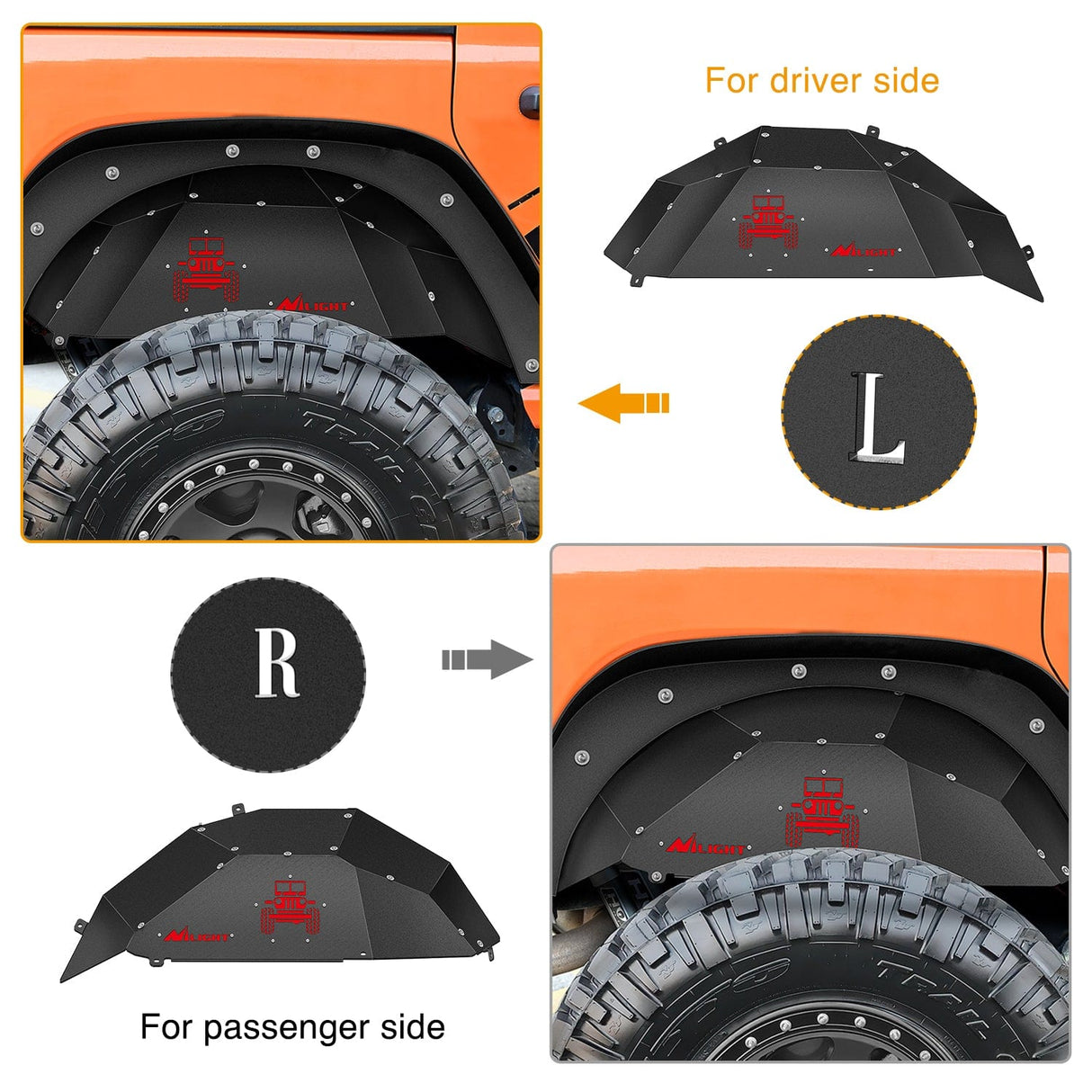 Accessories Rear Inner Fender Liners Steel Wheel Cover Fit for 2018 2019 2020 2021 2022 2023 2024 2025 Wrangler JL JLU 4 Doors 2 Doors Unlimited Bolt-on Style Fender Flares Splash Guards