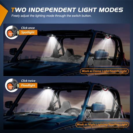 LED Work Light Dome Light Spot Flood Combo Universal 1.75in-2.0in Roll Bar Mount
