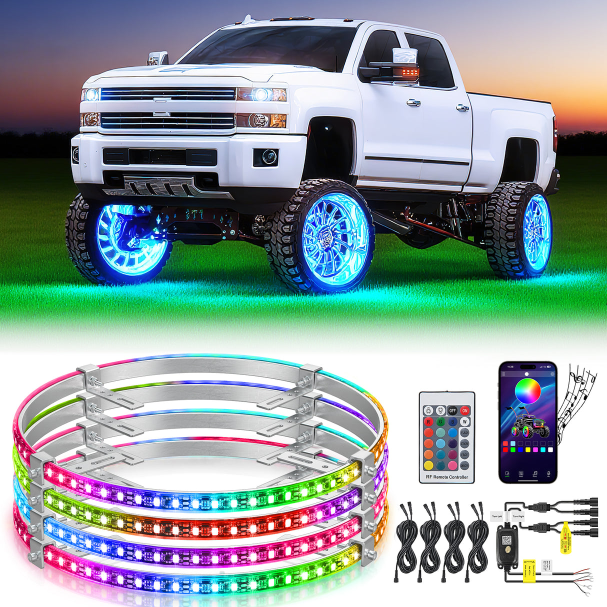 15.5 Inch LED Wheel Ring Lights Single Row RGB APP Remote Control 4Pcs