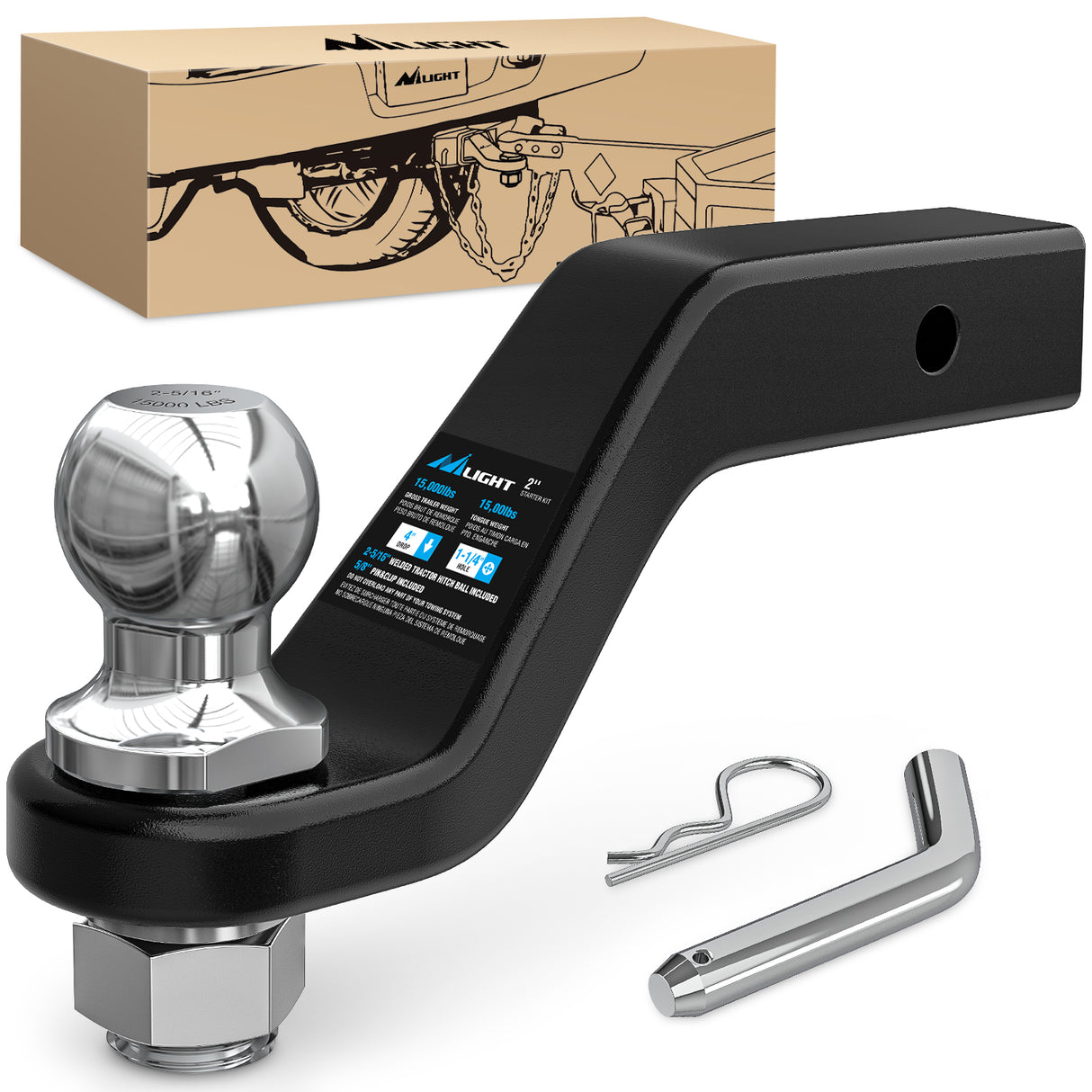 Nilight Forged Trailer Hitch Mount with 2-5/16-Inch Ball Fits 2 Inch Receiver Square 5/8Inch Hitch Pin Clip 15000 lbs 4Inch Drop, 1-1/4Inch Hole, Gloss Black Powder Coat, 2 Years Warranty