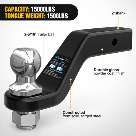 Nilight Forged Trailer Hitch Mount with 2-5/16-Inch Ball Fits 2 Inch Receiver Square 5/8Inch Hitch Pin Clip 15000 lbs 4Inch Drop, 1-1/4Inch Hole, Gloss Black Powder Coat, 2 Years Warranty