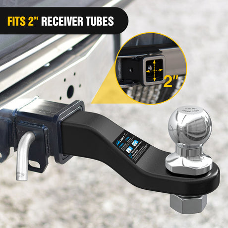 Forged Trailer Hitch Mount with 2-5/16-Inch Ball Fits 2 Inch Receiver Square 5/8Inch Hitch Pin Clip 15000 lbs 2Inch Drop, 1-1/4Inch Hole, Gloss Black Powder Coat, 2 Years Warranty