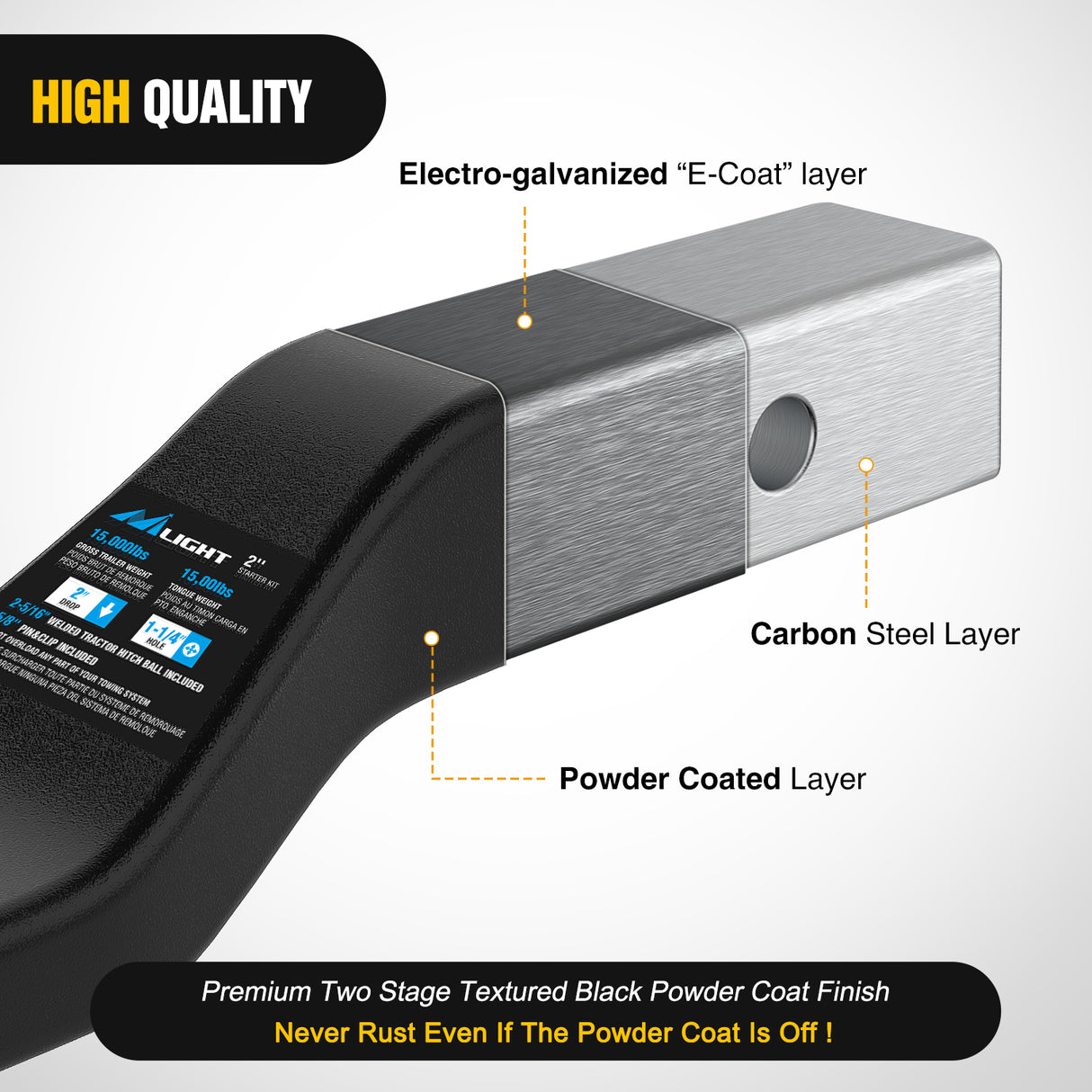 Forged Trailer Hitch Mount with 2-5/16-Inch Ball Fits 2 Inch Receiver Square 5/8Inch Hitch Pin Clip 15000 lbs 2Inch Drop, 1-1/4Inch Hole, Gloss Black Powder Coat, 2 Years Warranty