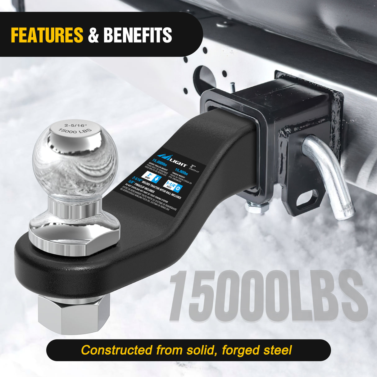 Forged Trailer Hitch Mount with 2-5/16-Inch Ball Fits 2 Inch Receiver Square 5/8Inch Hitch Pin Clip 15000 lbs 2Inch Drop, 1-1/4Inch Hole, Gloss Black Powder Coat, 2 Years Warranty