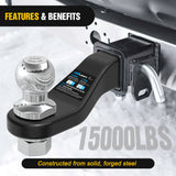 Forged Trailer Hitch Mount with 2-5/16-Inch Ball Fits 2 Inch Receiver Square 5/8Inch Hitch Pin Clip 15000 lbs 2Inch Drop, 1-1/4Inch Hole, Gloss Black Powder Coat, 2 Years Warranty