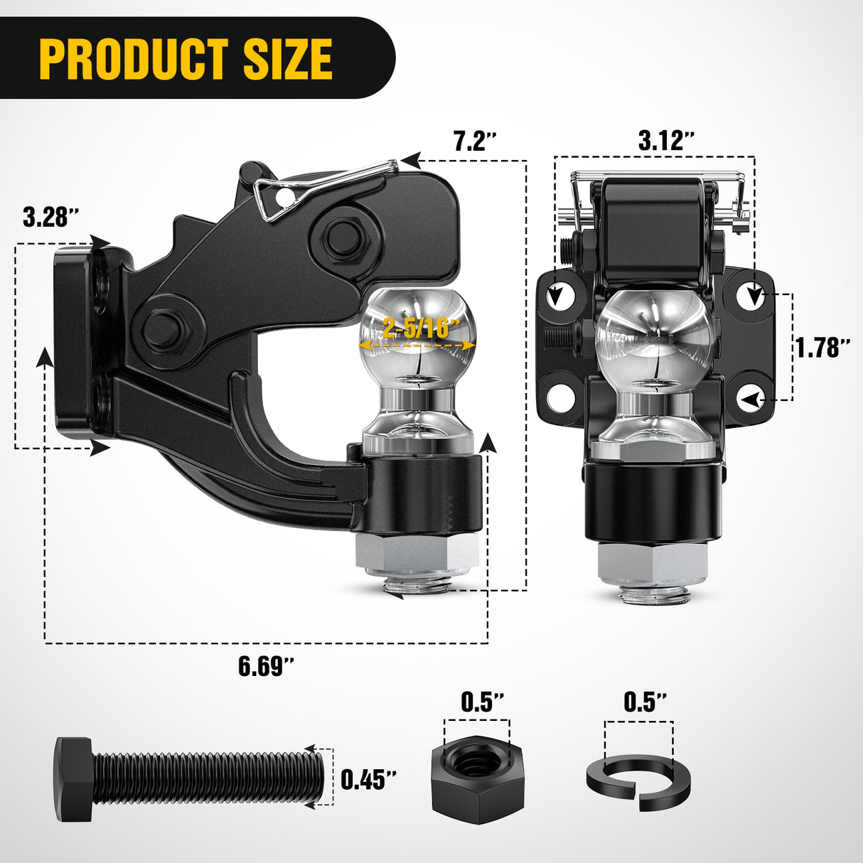 Nilight Pintle Hook Trailer Hitches Receiver Hook Combination 2-5/16” Hitch Ball with Mounting Kit, 14000LBS Black Bolt On Adjustable Powder-Coated
