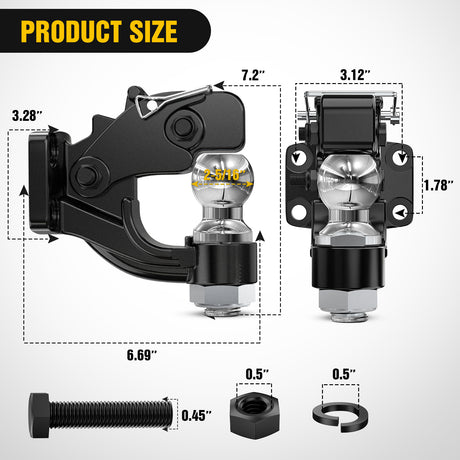 Nilight Pintle Hook Trailer Hitches Receiver Hook Combination 2-5/16” Hitch Ball with Mounting Kit, 14000LBS Black Bolt On Adjustable Powder-Coated