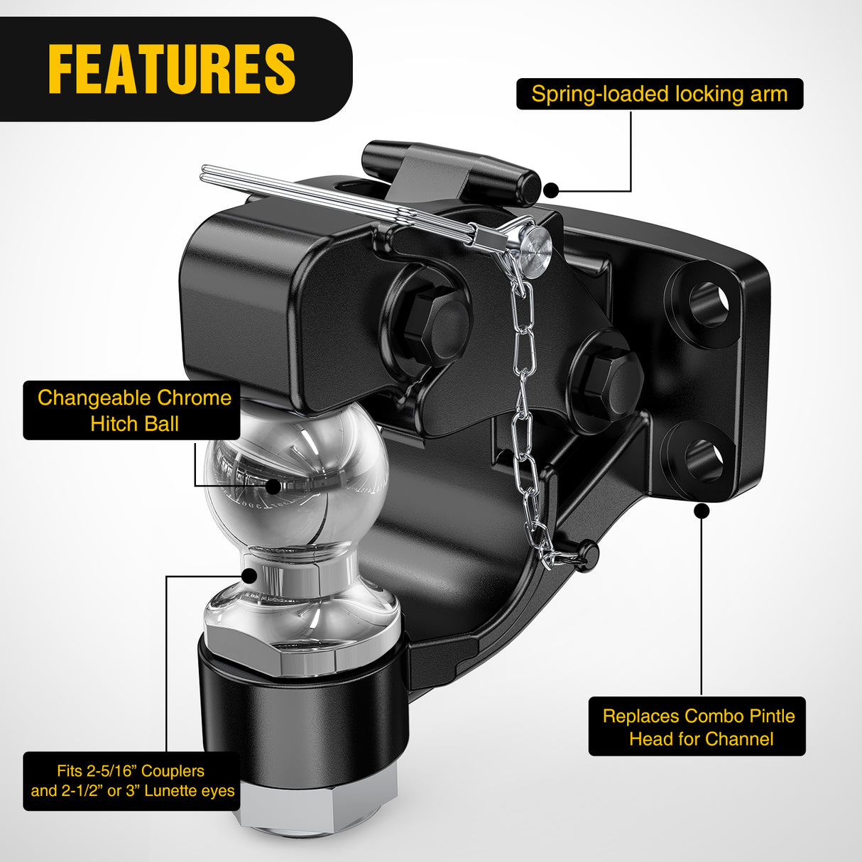 Nilight Pintle Hook Trailer Hitches Receiver Hook Combination 2-5/16” Hitch Ball with Mounting Kit, 14000LBS Black Bolt On Adjustable Powder-Coated