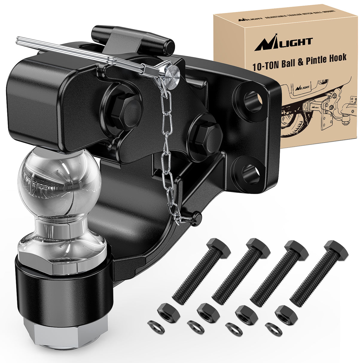 Nilight Pintle Hook Trailer Hitches Receiver Hook Combination 2Inch Hitch Ball with Mounting Kit, 12000LBS Black Bolt On Adjustable Powder-Coated