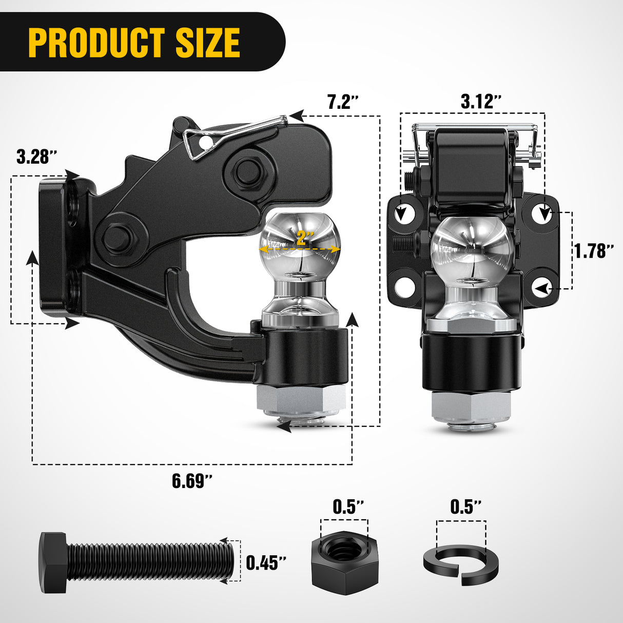 Nilight Pintle Hook Trailer Hitches Receiver Hook Combination 2Inch Hitch Ball with Mounting Kit, 12000LBS Black Bolt On Adjustable Powder-Coated