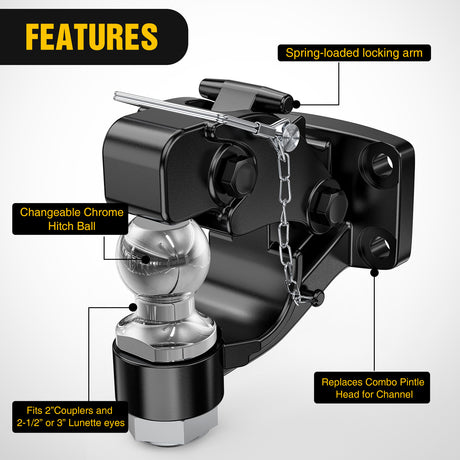 Nilight Pintle Hook Trailer Hitches Receiver Hook Combination 2Inch Hitch Ball with Mounting Kit, 12000LBS Black Bolt On Adjustable Powder-Coated