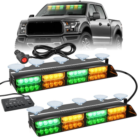 32LED Amber Green Emergency Dash Strobe Lights with Controller Suction Cups Nilight