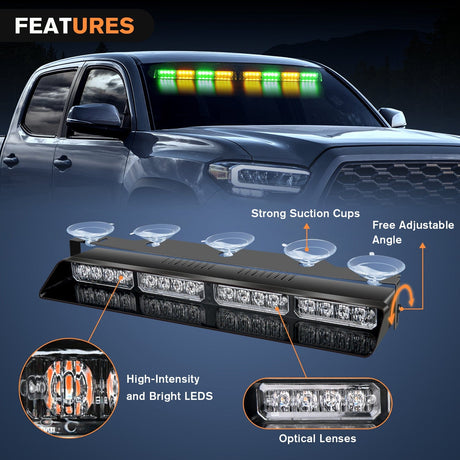 32LED Amber Green Emergency Dash Strobe Lights with Controller Suction Cups Nilight