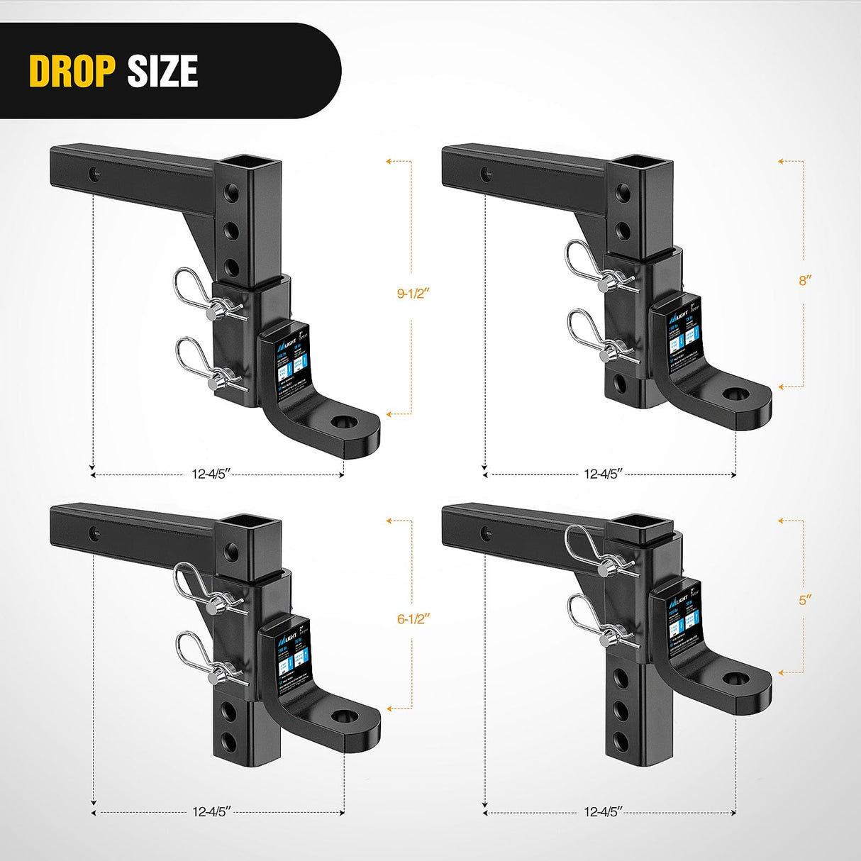 Trailer Hitch 8-Position Adjustable Trailer Hitch Ball Mount Fits 2In Receiver 5/8in Pin Lock 7500 lbs 9-1/2in Drop 8-1/4in Rise 1in Hole Hitch