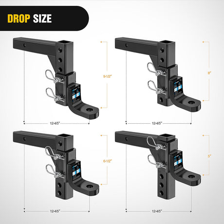 Trailer Hitch 8-Position Adjustable Trailer Hitch Ball Mount Fits 2In Receiver 5/8in Pin Lock 7500 lbs 9-1/2in Drop 8-1/4in Rise 1in Hole Hitch