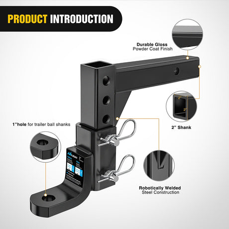 Trailer Hitch 8-Position Adjustable Trailer Hitch Ball Mount Fits 2In Receiver 5/8in Pin Lock 7500 lbs 9-1/2in Drop 8-1/4in Rise 1in Hole Hitch