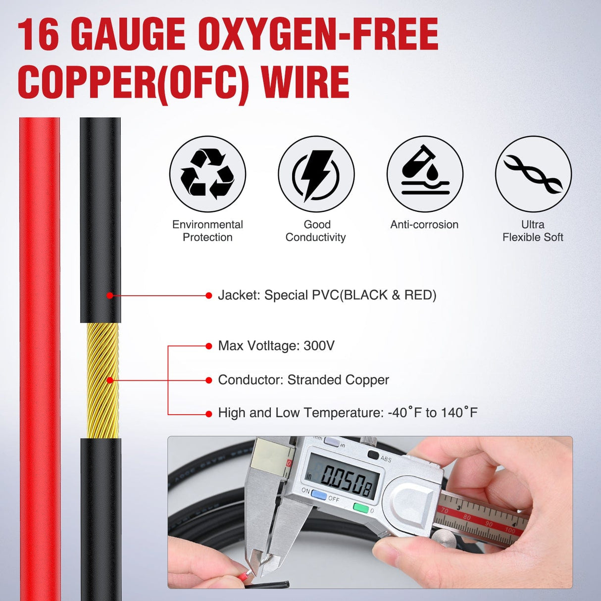 Wiring Harness Kit 50FT 16AWG Oxygen-Free Copper Wire Red Black Electrical Wire Stranded PVC Cord 2 Conductor Parallel 300V DC Flexible Extension Cords