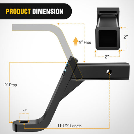 Nilight Trailer Hitch Ball Mount with 5/8" Hitch Pin Clip Fits 2 Inch Receiver Square 7500 lbs 10" Drop 9” Rise 1” Hole Gloss Black Powder Coat