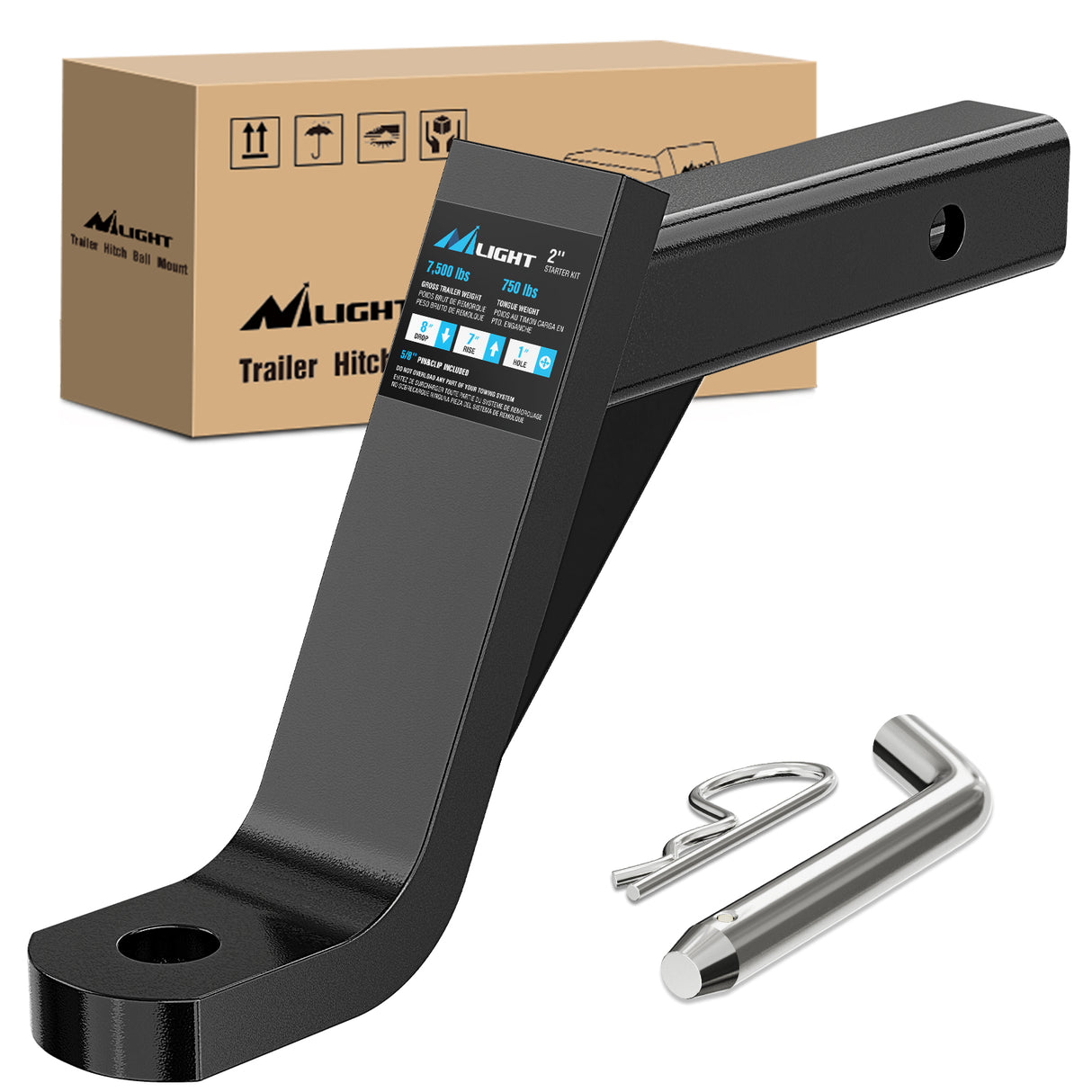 Nilight Trailer Hitch Ball Mount with 5/8Inch Hitch Pin Clip Fits 2 Inch Receiver Square 7500 lbs 8Inch Drop 7Inch Rise 1Inch Hole Gloss Black Powder Coast